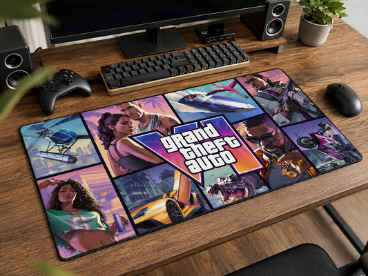 Alfombrilla The Six diseño Collage sobre un escritorio gaming